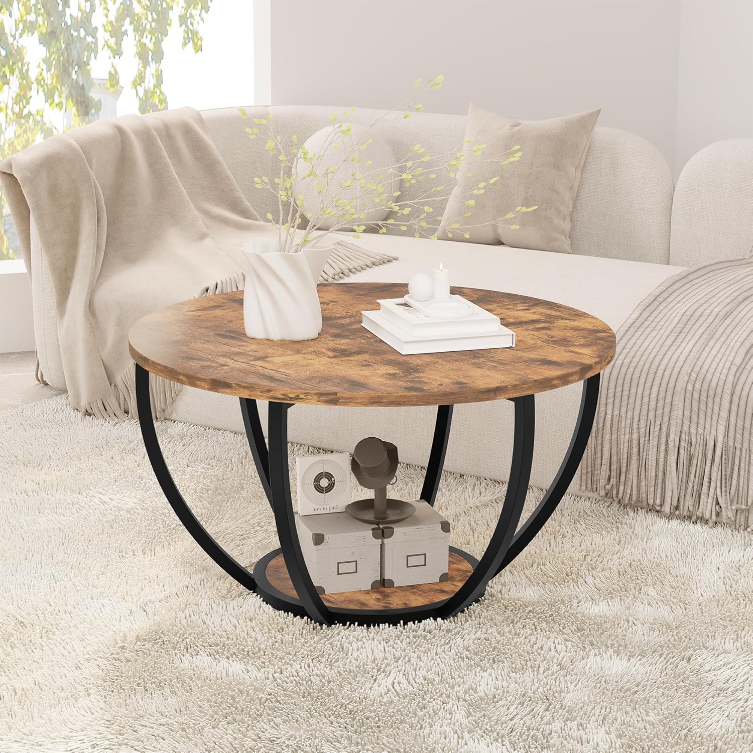 HOMERECOMMEND 28 Round Coffee Table with Storage,2-Tier Wood Accent Center Table for Living Room,Sofa Table for Home Office, Brown